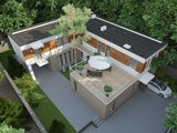Красивый проект двухэтажного дома г-образной формы с внутренним двориком
